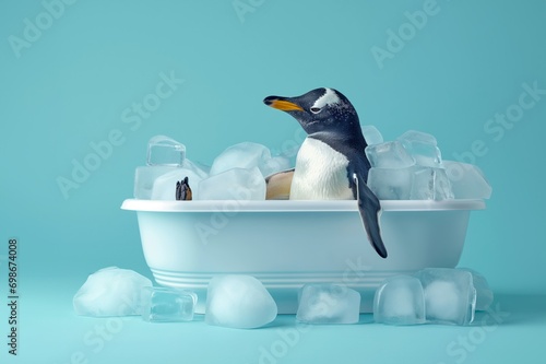 Penguin lies in a bath filled with ice cubes, the concept of cooling and refreshment in hot weather.