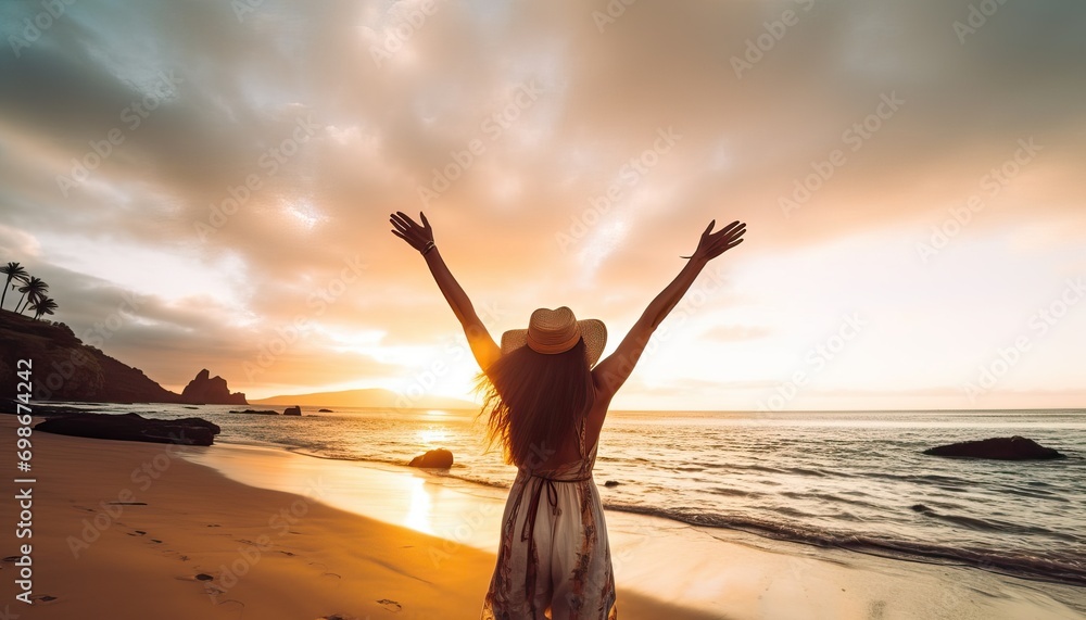 Happy woman with arms up enjoy freedom at the beach at sunset. Wellness, success, freedom and travel