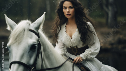 beautiful young woman in white dress with long hair and horse in the forest. portrait