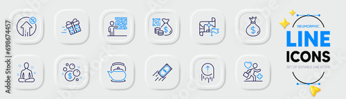 Destination flag, Swipe up and Launder money line icons for web app. Pack of Business skill, Qr code, Teapot pictogram icons. Patient, Loan percent, Yoga signs. Money bag. Neumorphic buttons. Vector