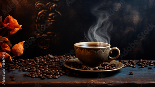 coffee beans and cup of coffee on old wooden table