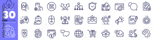 Gear, Seo gear and Like app line icons pack. Vip mail, Refrigerator app, Restructuring web icon. Shield, Cyber attack, Wallet pictogram. Intersection arrows, Signing document. Vector