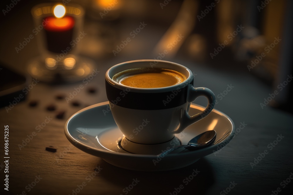 A cup of coffee is on a table. Beautiful mug and saucer.