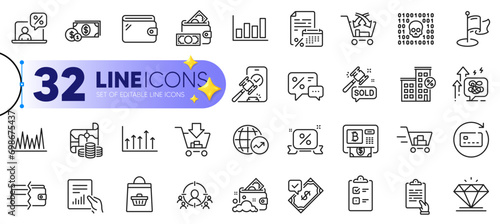 Outline set of Document, World statistics and Cross sell line icons for web with Milestone, Renew card, Loan house thin icon. Accepted payment, Auction, Stress grows pictogram icon. Vector