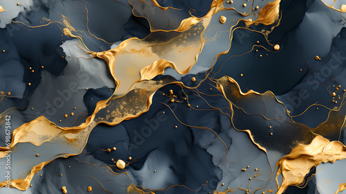Luxurious navy blue and gold marble seamless texture. Background, wallpaper, ceramic, counter, splash, swirl. Generative AI