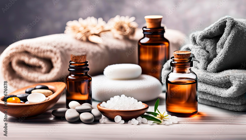 Beauty treatment items for spa procedures on white wooden table. massage stones, essential oils, sea salt, candles. Beauty treatment items for spa procedures on white wooden table. massage stones, essential oils, sea salt, candles.