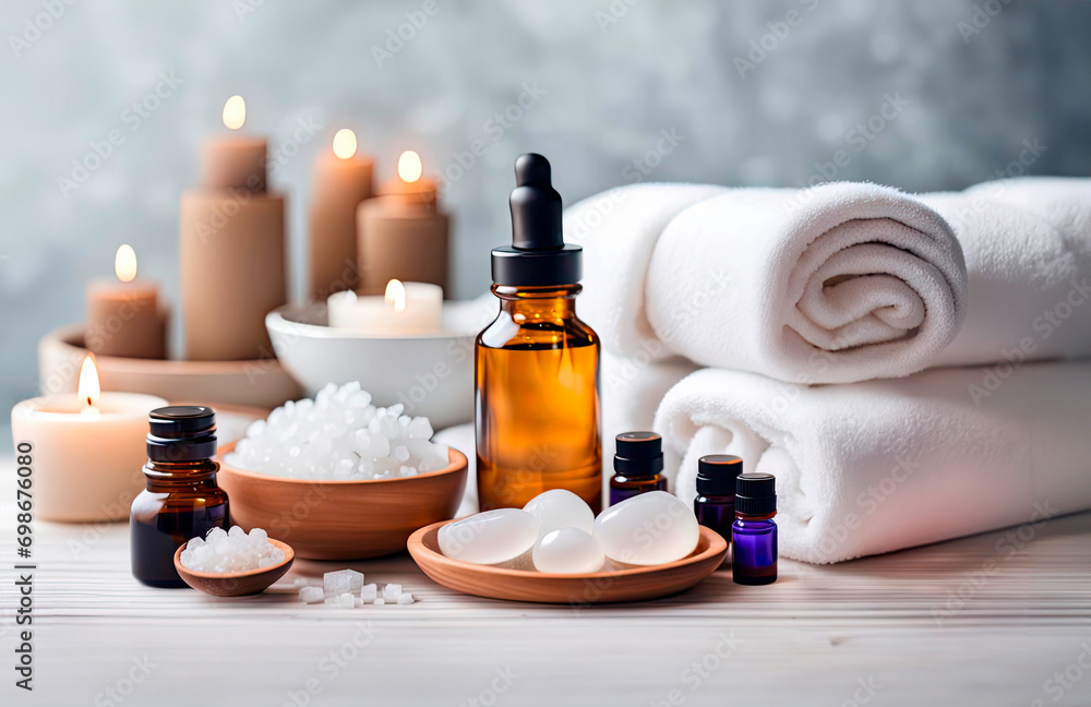 Beauty treatment items for spa procedures on white wooden table. massage stones, essential oils, sea salt, candles. Beauty treatment items for spa procedures on white wooden table. massage stones, essential oils, sea salt, candles.