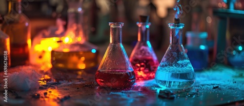 Chemical experiment using Bunsen burner and colored lights. photo