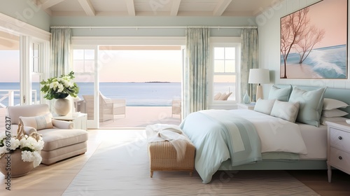 A serene bedroom featuring a soft, seafoam-green bedspread against a backdrop of creamy, vanilla-colored walls and accents of coral pink, emanating coastal serenity. © design master