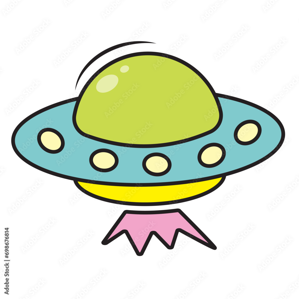 UFO space transport in cartoon style. World UFO Day, color vector illustration. UFO space transport in cartoon style. World UFO Day, color vector illustration.