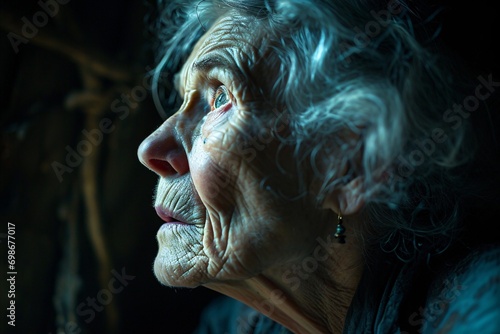 An elderly woman with a piercing gaze