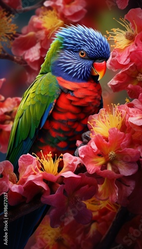 A rainbow lorikeet sipping nectar from a vividly colored blossom, a moment frozen in time.