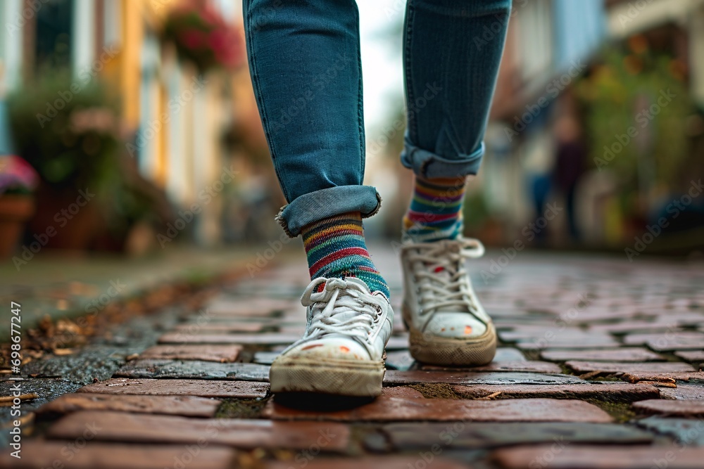 A person wearing a striped sock and white shoes walking on a brick road. A person wearing a striped sock and white shoes walking on a brick road.