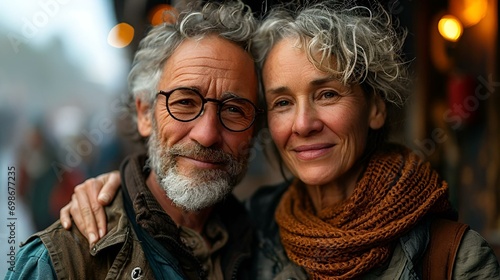 an older couple standing together near each other on the street photo