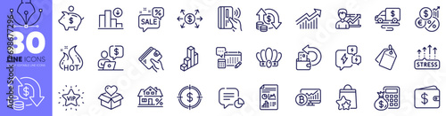 Sale tags, Discounts bubble and Bitcoin chart line icons pack. Cash transit, Demand curve, Report document web icon. Statistic, Finance calculator, Cash back pictogram. Stress grows. Vector