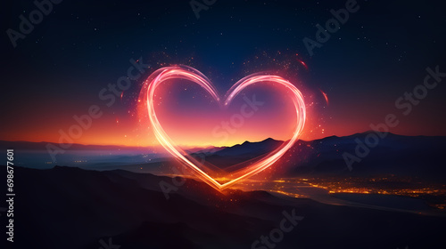 Vibrant light trails forming a heart shape in the night sky, Valentine's Day background