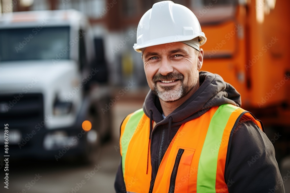 A construction site manager in a protective vest and hard hat, reflecting on the construction site. Portrait of a satisfied mixed-race manual laborer or architect. A construction site manager in a protective vest and hard hat, reflecting on the construction site. Portrait of a satisfied mixed-race manual laborer or architect.