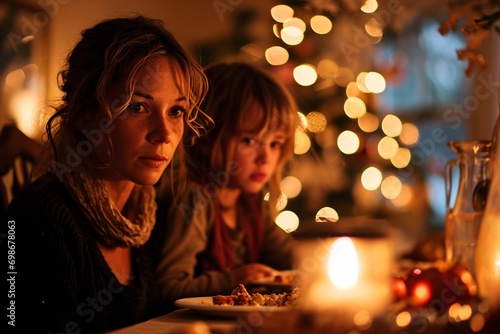 A woman and a child sitting at a table with a lit candle and Christmas lights in the background