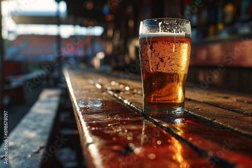 A glass of beer on a wooden table. photo