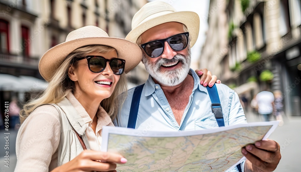 Married couple of tourists sightseeing city street with map , Happy husband and wife enjoying summer vacation together , Touristic life style concept with aged woman and man traveling European city Married couple of tourists sightseeing city street with map , Happy husband and wife enjoying summer vacation together , Touristic life style concept with aged woman and man traveling European city