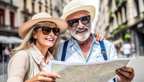 Married couple of tourists sightseeing city street with map , Happy husband and wife enjoying summer vacation together , Touristic life style concept with aged woman and man traveling European city