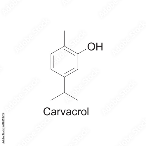 Carvacrol skeletal structure diagram.Monoterpenoid compound molecule scientific illustration on white background.