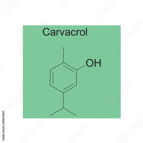 Carvacrol skeletal structure diagram.Monoterpenoid compound molecule scientific illustration on green background.
