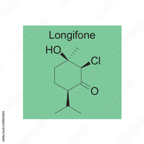 Longifone skeletal structure diagram.Monoterpenoid compound molecule scientific illustration on green background. photo