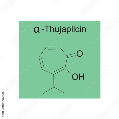 α-Thujaplicin skeletal structure diagram.Monoterpenoid compound molecule scientific illustration on green background.