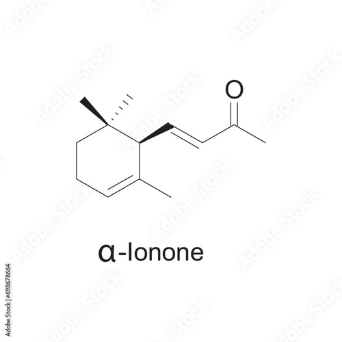 α-Ionone skeletal structure diagram.Monoterpenoid compound molecule scientific illustration on white background.