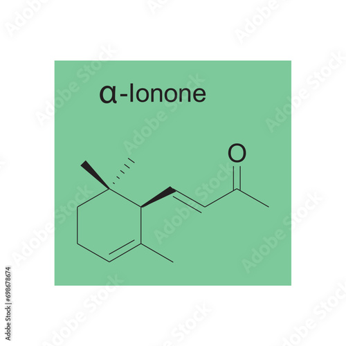 α-Ionone skeletal structure diagram.Monoterpenoid compound molecule scientific illustration on green background.