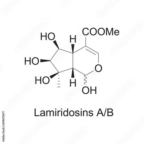 Lamiridosins A/B skeletal structure diagram.Monoterpenoid compound molecule scientific illustration on white background.