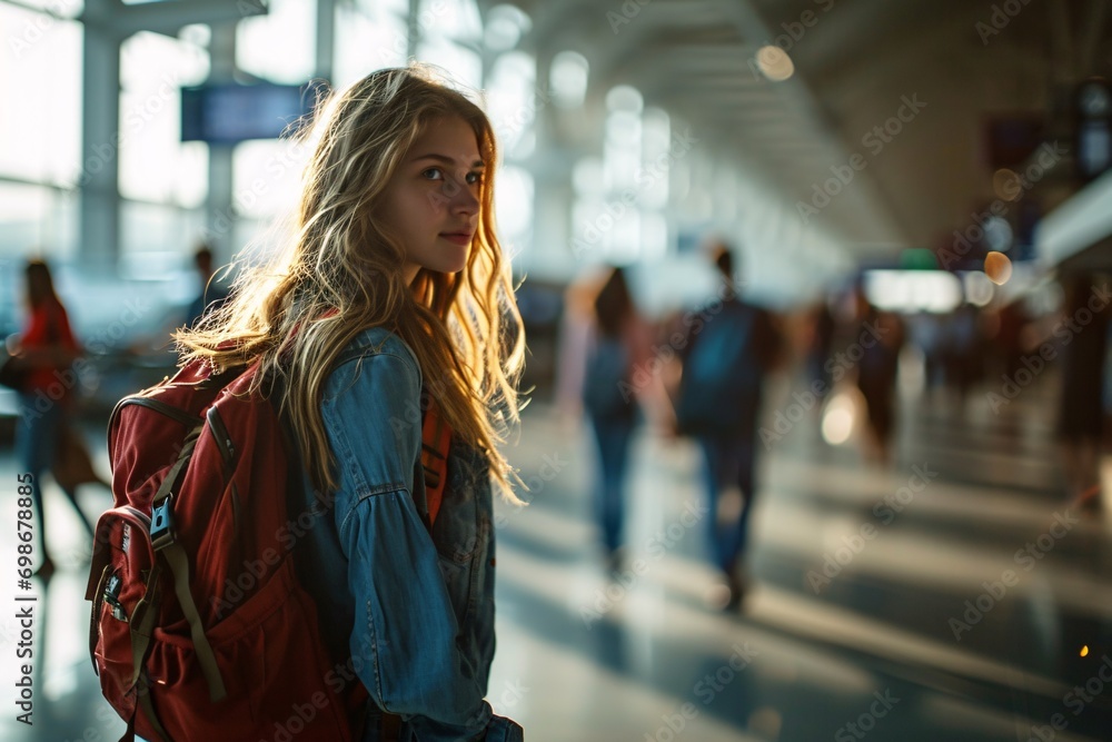 A woman with a backpack standing in a terminal A woman with a backpack standing in a terminal