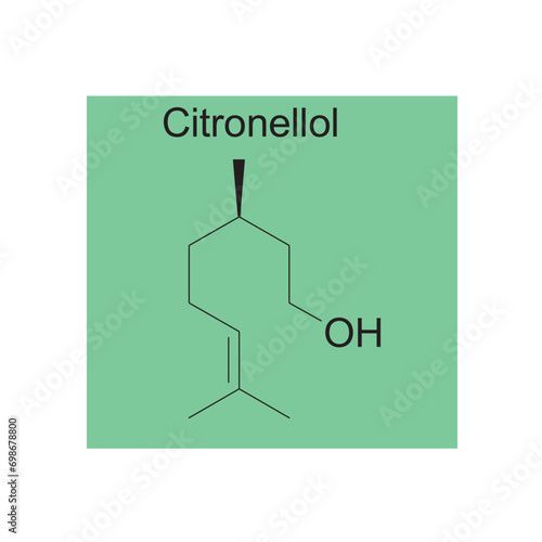 Citronellol skeletal structure diagram.Monoterpenoid compound molecule scientific illustration on green background.