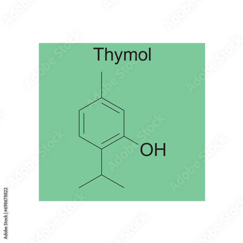 Thymol skeletal structure diagram.Monoterpenoid compound molecule scientific illustration on green background.