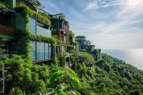 A group of buildings with greenery on the roofs and sides photo