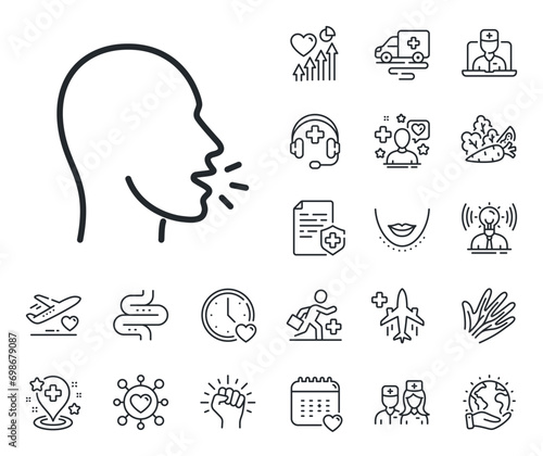 Coronavirus symptom sign. Online doctor, patient and medicine outline icons. Cough line icon. Flu, sneeze or pneumonie symbol. Cough line sign. Veins, nerves and cosmetic procedure icon. Vector