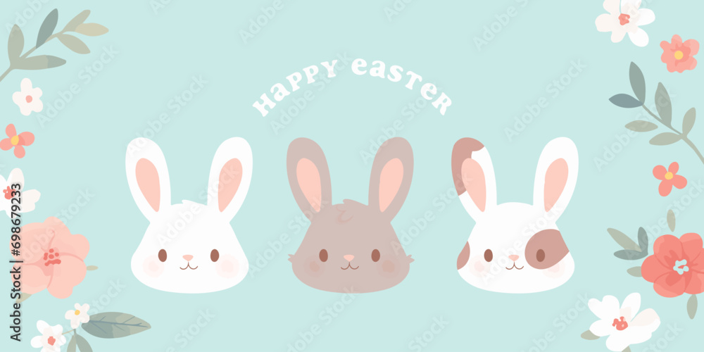 Happy Easter greeting card illustration. Cute vintage art style rabbit with spring flower decoration. Hand drawn floral ornament and bunny animal. April holiday celebration event design.