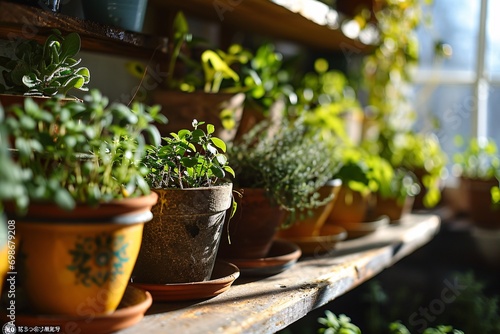 A variety of potted plants on a wooden shelf. photo