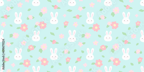 Cute hand drawn rabbit animal cartoon seamless pattern. Spring season flower background with easter bunny. Vintage floral wallpaper print, april holiday texture design.
