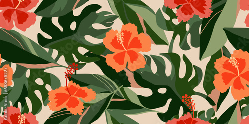 Hand drawn tropical flowers, seamless patterns with floral for fabric, textiles, clothing, wrapping paper, cover, banner, interior decor, abstract backgrounds. vector illustration.