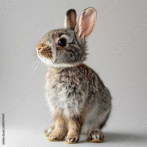A small brown and white bunny with big ears.