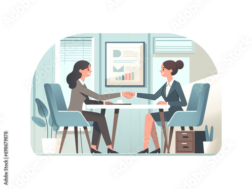 happy businesswoman manager handshaking office meeting smiling female HR hiring recruit at job interview bank insurance contract deal client work illustration