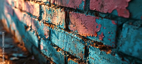 A brick wall with blue and pink paint, showing signs of wear and tear