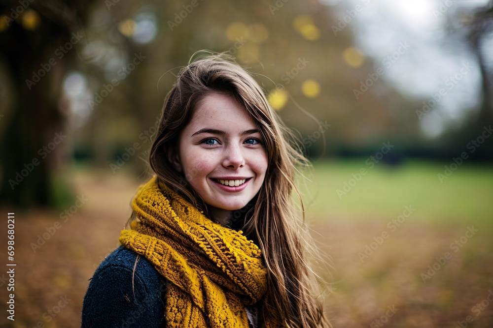 A smiling woman wearing a yellow sweater and scarf A smiling woman wearing a yellow sweater and scarf