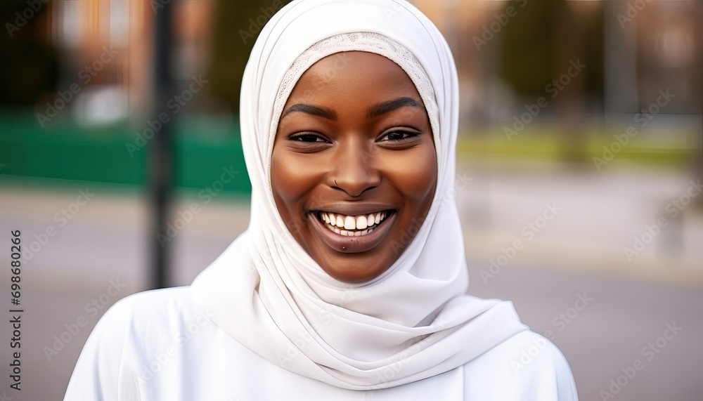Portrait of beautiful african muslim woman in hijab smiling at camera outside Portrait of beautiful african muslim woman in hijab smiling at camera outside