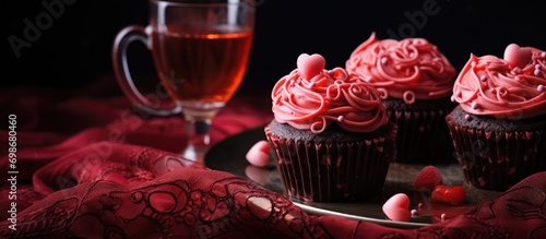 Heart-shaped chocolate cupcakes topped with pink frosting, served alongside strawberry milk on a red lace doily with forks.