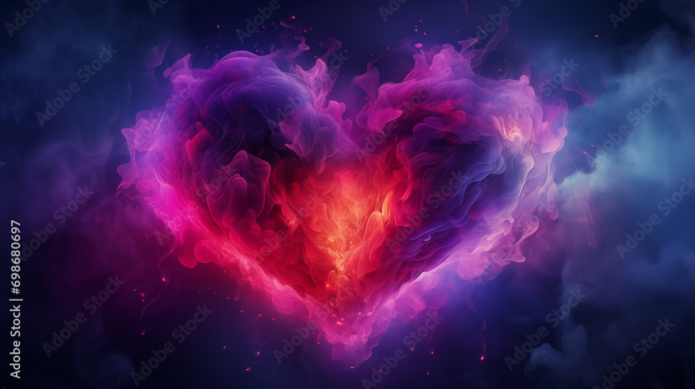 Φωτογραφία Heart shaped smoke, Cyber ​​neon colors, futuristic smoke and fog heart on dark