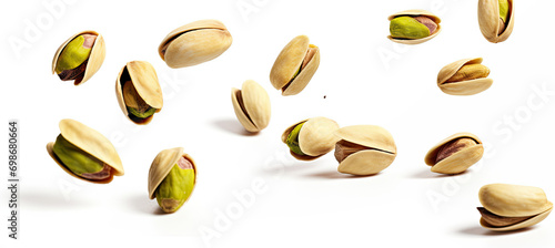 Flying delicious pistachios. Isolated on white background