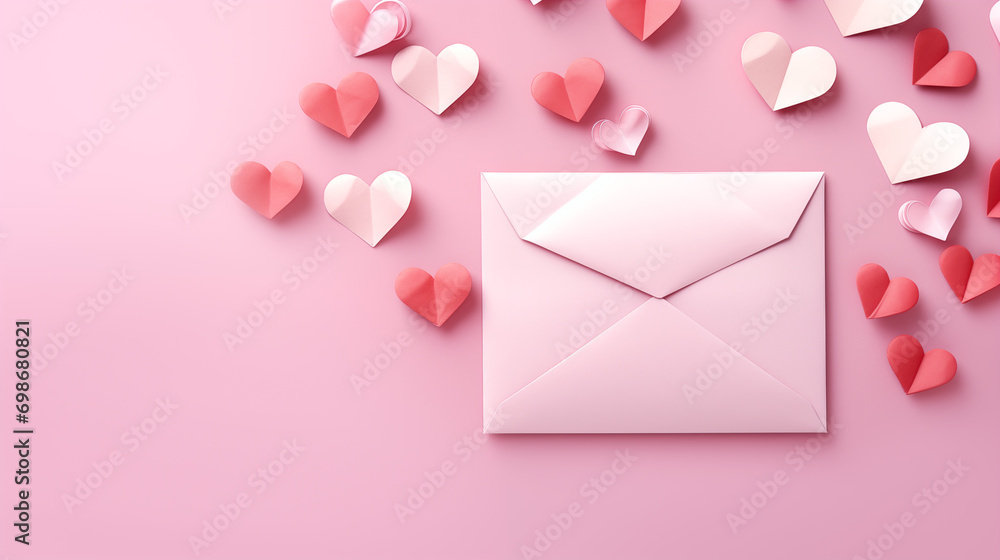 Love letter envelope with paper craft hearts, flat lay on pink valentines or anniversary background with copy space, Ai generated image